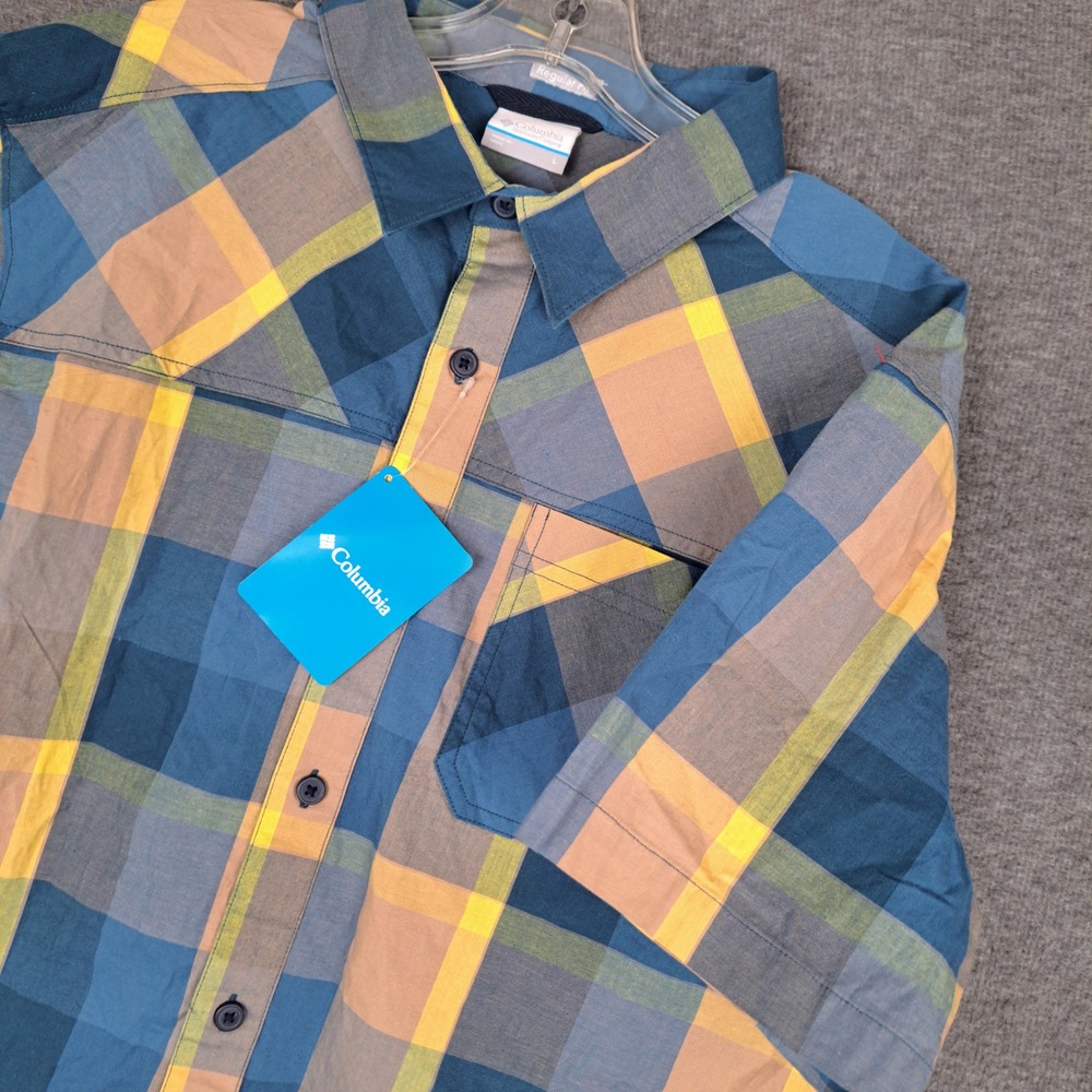 Columbia Thompson Hill Short Sleeve Shirt Mens Large Blue Yellow Plaid AM0125